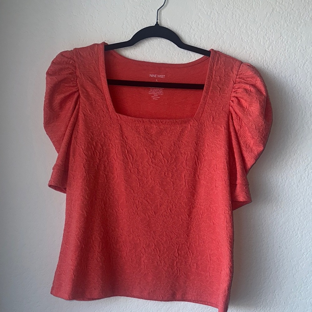 Nine West Peach Red Puff Sleeve Blouse